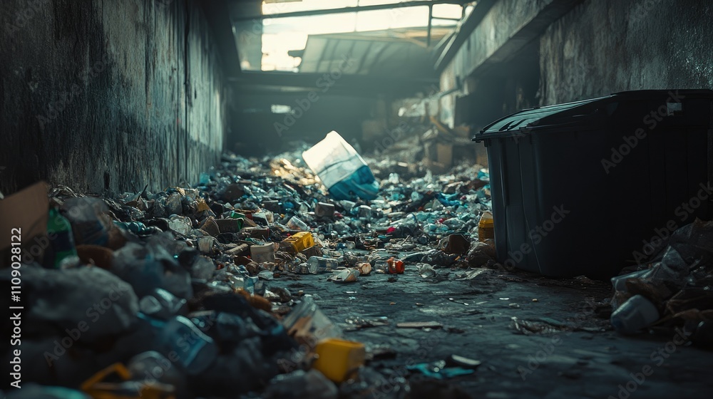 Poster inside an abandoned factory, garbage and trash pile up in the corner, a clear sign of disuse and dec
