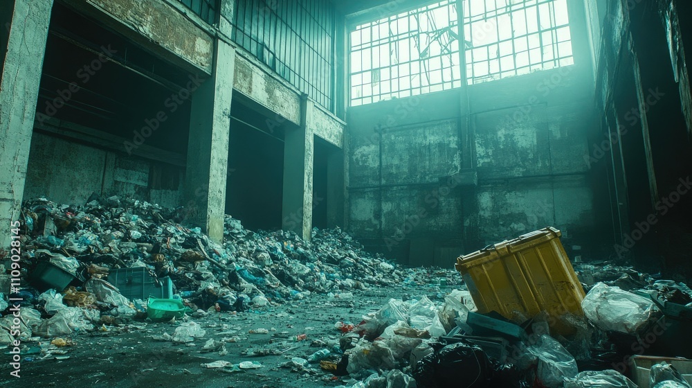 Poster inside an abandoned factory, garbage and trash pile up in the corner, a clear sign of disuse and dec