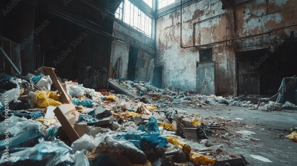 Poster inside an abandoned factory, garbage and trash pile up in the corner, a clear sign of disuse and dec