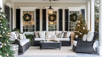 Classic outdoor living sofa lounge white black veranda porch Christmas tree decor sunroom exterior country chic luxury farmhouse entrance patio house traditional contemporary modern veranda entertain 