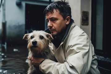 A male rescuer helps a frightened pet dog evacuate in a flood. A devastating natural disaster. AI generated.