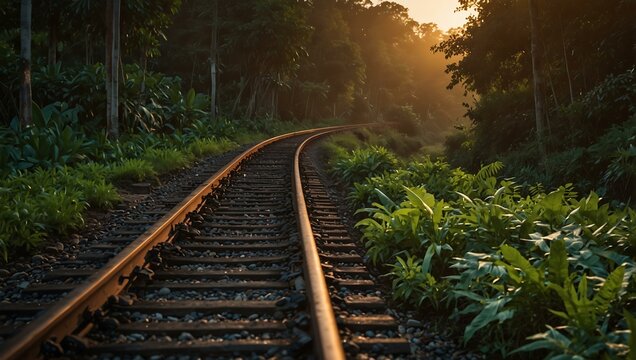 Train tracks leading into a jungle at sunset.