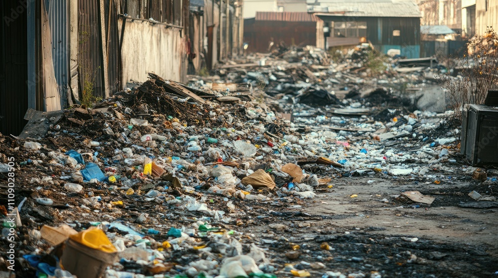 Poster trash and debris accumulating in a derelict factory, illustrating the environmental impact of abando