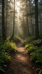 Obraz premium Tranquil forest path with sunlight filtering through mist.