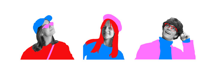 Contemporary art collage. Man and women styled with bold red, blue, and yellow elements against white background. Concept of peace, diversity, natural beauty. Ad