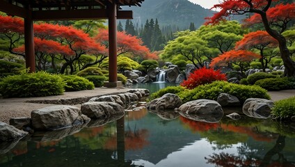 Naklejka premium Tranquil Japanese garden with mountain view and red flowers.