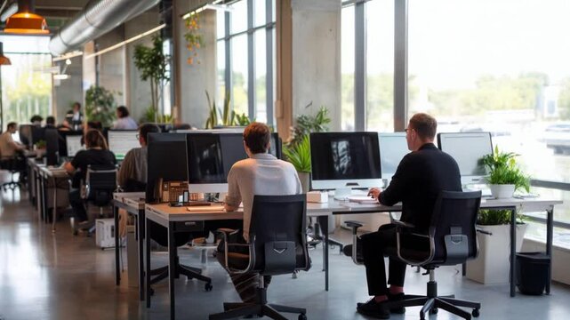 A large open office space with many people working at their desks