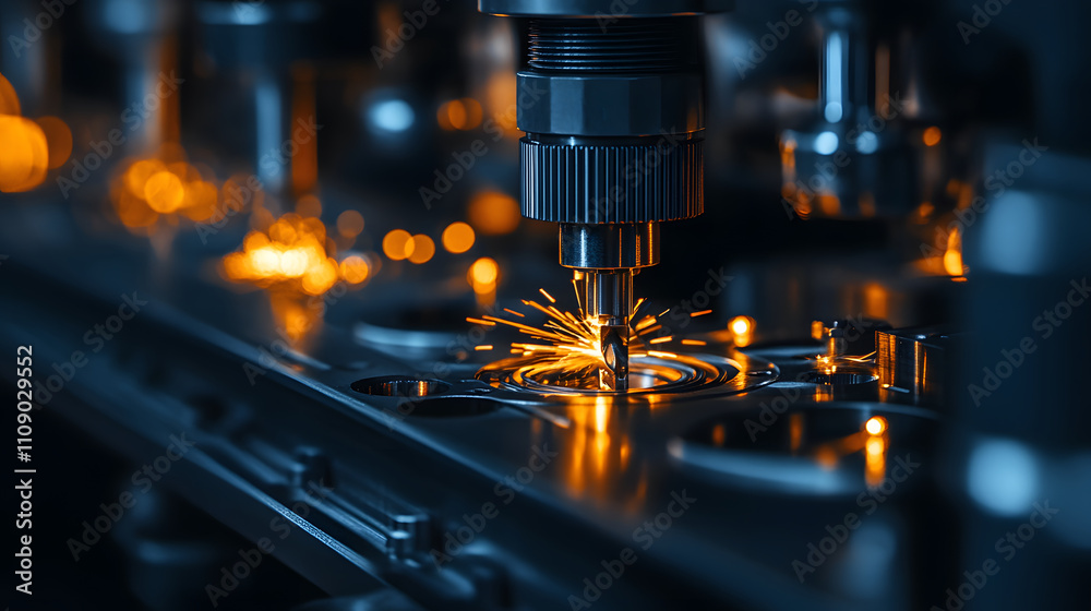 Aufkleber a close-up of a precision manufacturing process, showcasing sparks from a metalworking tool in a dar
