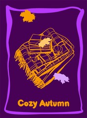 Cozy autumn - flat plot card (poster) with text on the theme of autumn. Contour linear illustration, color spots with a frame on a contrasting background.