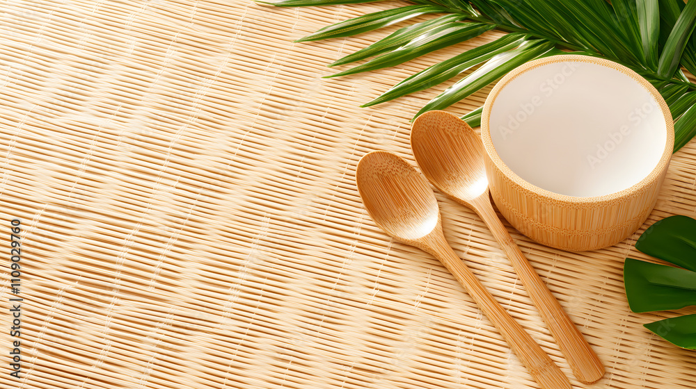 Poster a serene arrangement featuring bamboo utensils and a bowl on a textured surface, complemented by lus