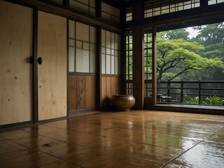 Obraz premium Tranquil rainy day in a traditional Japanese house