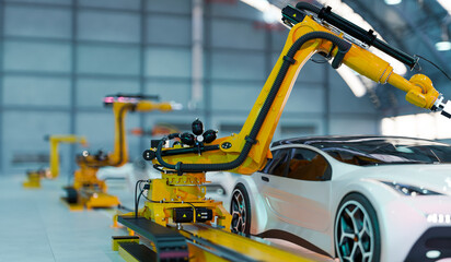 Fototapeta premium car assembly with robot arm working in factory, 3d illustration rendering