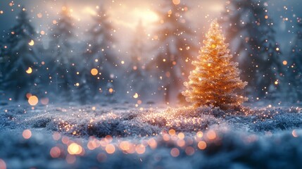 Magical golden Christmas tree in snowy winter forest at sunset.