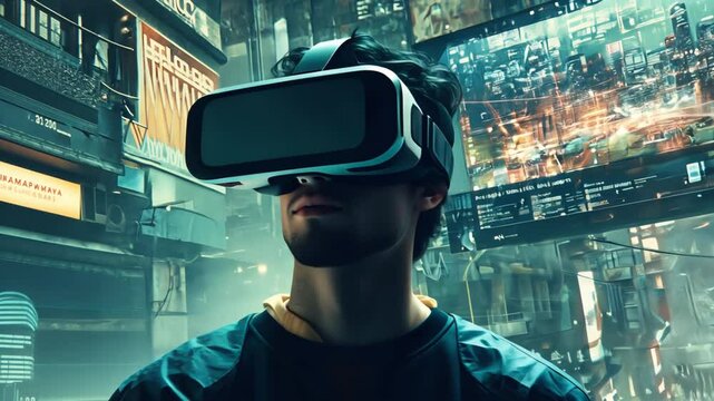 Person Wearing VR Headset in Futuristic City.