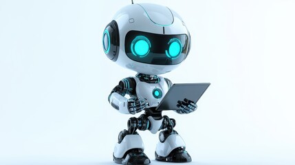 A robot is holding a tablet in its hand
