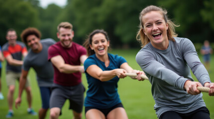 Diverse Individuals Enjoy Energetic Tug-Of-War at Outdoor Park Gathering