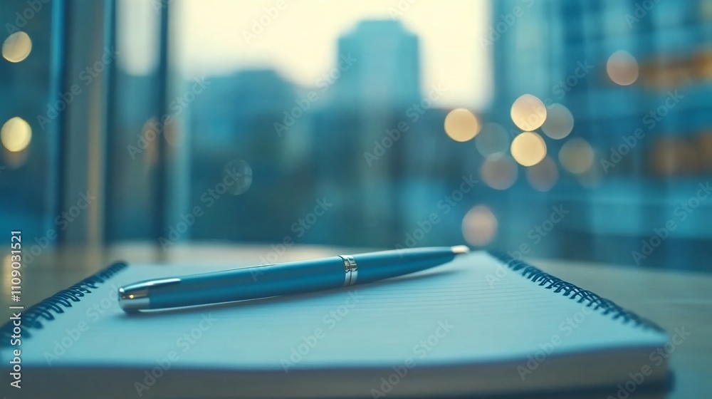Poster Pen rests on notebook near window with city view.