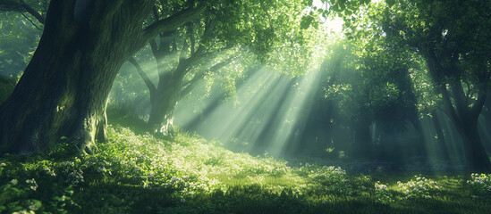 Sunbeams filtering through the leaves of a quiet forest、静かな森の木漏れ日、Geranted AI