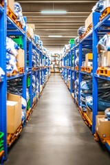 Warehouse Storage Blue Industrial Shelves Organized and Stocked with Retail Goods and Products