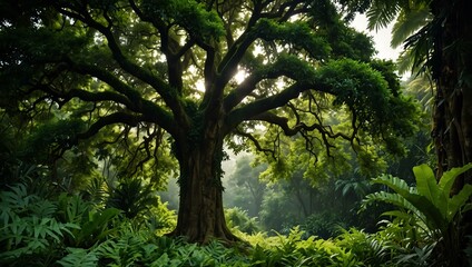 Tree with broad canopy in lush greenery.