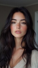 Naklejka premium A beautiful model with long, dark hair, light brown eyes, and a touch of pink blush on her cheeks. She is wearing winged eyeliner and smoky eye makeup, posing for the camera in front of an out-of-focu