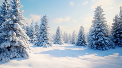 Fototapeta premium Snowy Christmas Background With Fir Trees Warm Twilight Glow Creating a Magical Winter Atmosphere