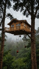 Treehouse nestled among clouds with a zipline.