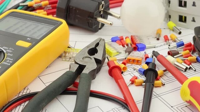 Electrical installation tools and materials for the assembly of electrical equipment. Soft focus. Close-up.