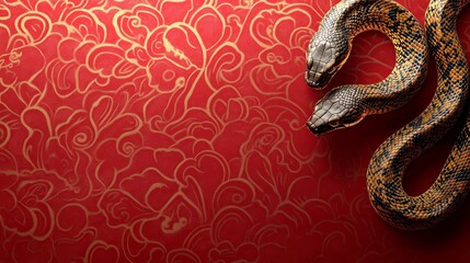 Obraz premium Chinese New Year Celebration With Golden Snake on Red Background Traditional Ornamental Patterns Representing Year of the Snake