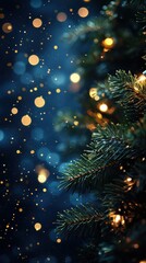 Fototapeta premium Christmas garland with bokeh lights on dark blue background