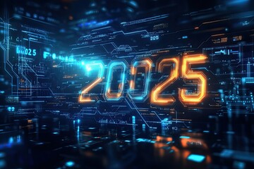 The numeral "2025" built with glowing circuit lines, set against a futuristic digital screen.