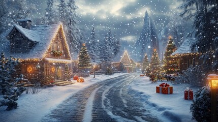 Fototapeta premium Snowy Winter Village with Wooden Houses Surrounded by Trees Mountains Under Golden Sunset Creating a Magical Holiday Scene