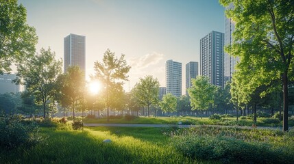 Fototapeta premium City Transforms Into Eco-Friendly Urban Space With Skyscrapers Surrounded by Trees and Parkland Under Golden Hour Lighting