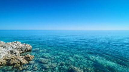 Photo of Serene Seascape With Clear Blue Ocean and Rocky Shore Under Sunny Sky