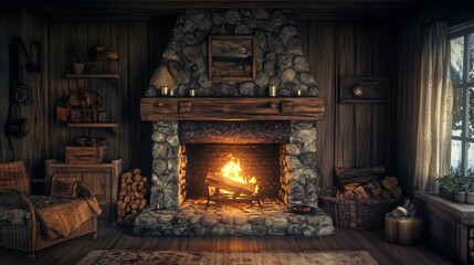 Cozy Fireplace in Rustic Cottage Interior With Warm Stone Surround, Wooden Accents, and Inviting Seating on Cold Winter Night