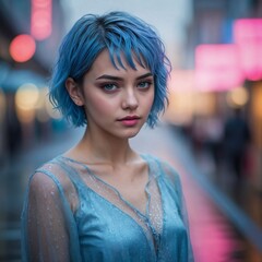 Portrait of a Woman with Blue Hair in Neon City Lights