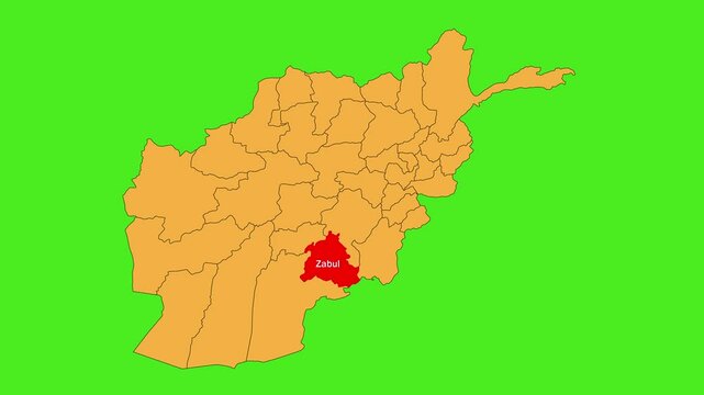 Zabul map animated video. The location is highlighted on the Afghanistan map. Colour map with Green screen background in video format.
