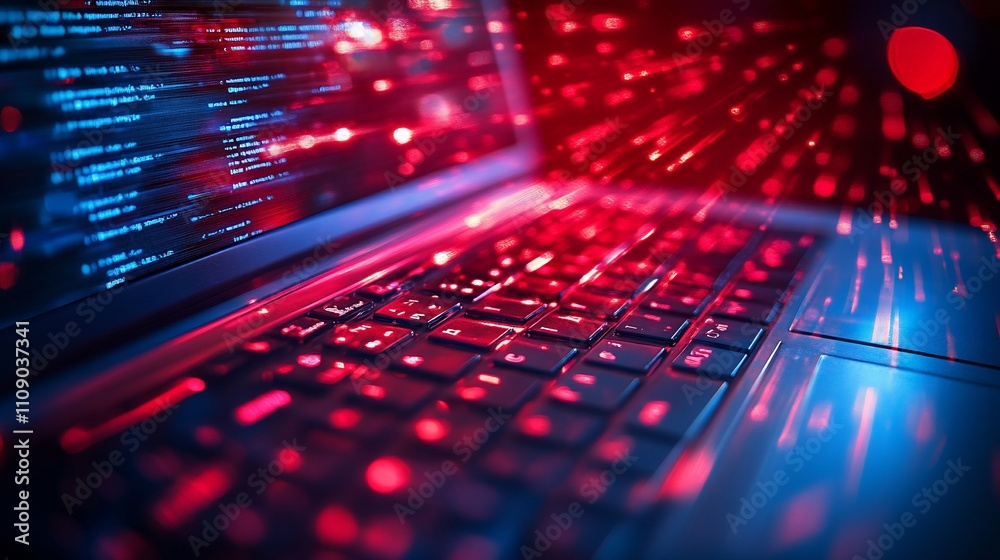 Poster laptop displaying code with red and blue light streaks.