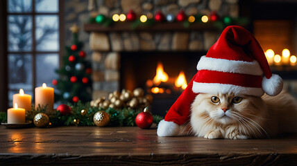Fototapeta premium Merry christmas text message with santa hat design and theme