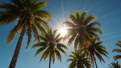 Tropical palm trees under a bright blue sky with sun flare.