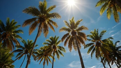 Obraz premium Tropical palm trees under a bright blue sky with sun flare.