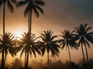 Obraz premium Tropical palm trees with fog and warm light in the background.