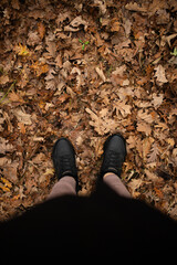 First view of woman's legs in black sneakers on autumn fallen leaves.