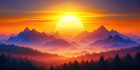 Obraz premium Stylized vibrant sunset landscape with a large sun over mountain peaks for abstract artwork, nature designs