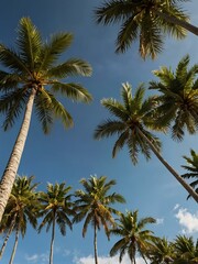 Fototapeta premium Tropical pattern of green palm trees against blue sky.