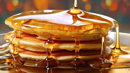 Stack of Golden Pancakes with Drizzling Syrup