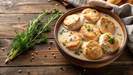Creamy gravy with biscuits garnished herbs in bowl, gravy, biscuits, creamy, herbs, garnish, comfort food, homemade