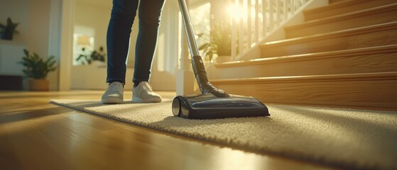 Fototapeta premium Daily Chores concept, Person vacuuming a carpet on stairs in a sunlit interior, showcasing cleanliness and home maintenance.