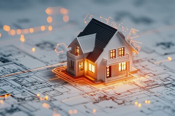 A miniature house model stands illuminated on a blueprint, symbolizing architecture and design planning in a vibrant, creative setting.