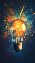 Vivid lightbulb with colorful burst on soft gradient background